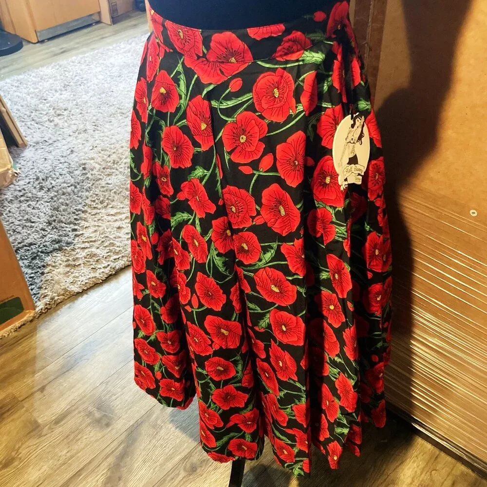 HELL BUNNY NWT Red and black floral poppy print circle skirt vintage style SMALL - Picture 6 of 14